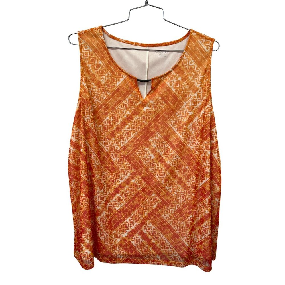 Catherines Sleeveless Geometric Print Top Women 2X Keyhole Neck Orange Polyester
